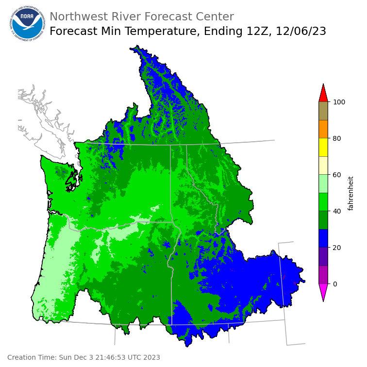 Day 3 (Tuesday): Min Temperature Forecast ending Wednesday, December 6 at 4 am PST