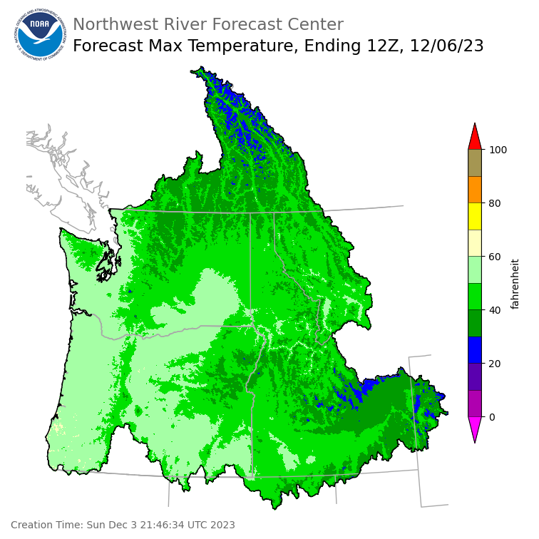 Day 3 (Tuesday): Max Temperature Forecast ending Wednesday, December 6 at 4 am PST