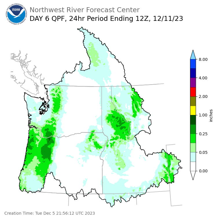 Day 6 (Sunday): Precipitation Forecast ending Monday, December 11 at 4 am PST