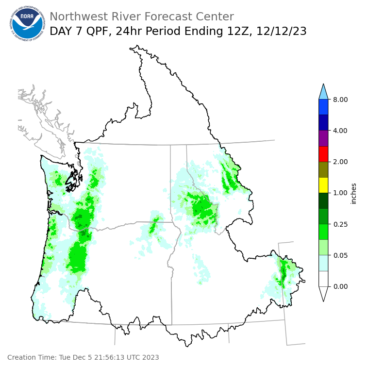 Day 7 (Monday): Precipitation Forecast ending Tuesday, December 12 at 4 am PST