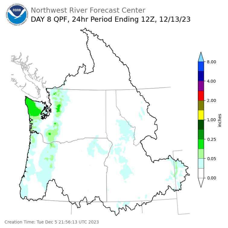 Day 8 (Tuesday): Precipitation Forecast ending Wednesday, December 13 at 4 am PST