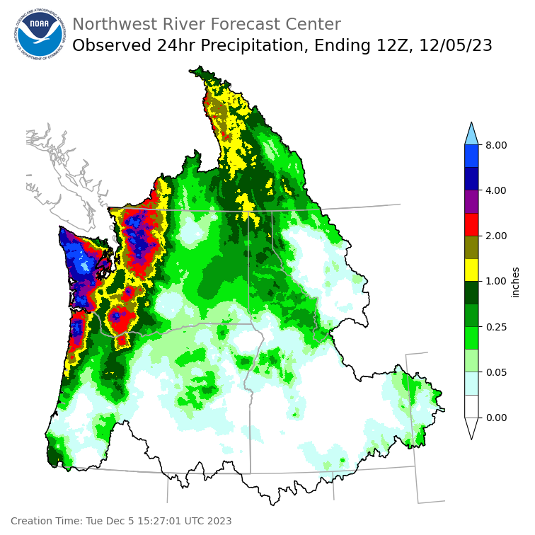 Observed Precipitation ending Tuesday, December 5 at 4 am PST