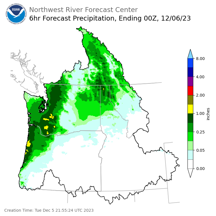 Day 1 (Tuesday): 6 Hourly Precipitation Forecast ending Tuesday, December 5 at 4 pm PST