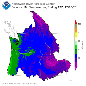 Day 5 (Saturday): Min Temperature Forecast ending Sunday, December 10 at 4 am PST