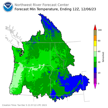 Day 1 (Tuesday): Min Temperature Forecast ending Wednesday, December 6 at 4 am PST