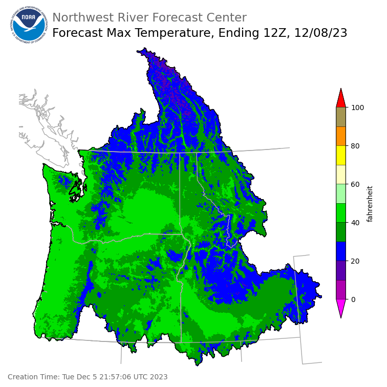 Day 3 (Thursday): Max Temperature Forecast ending Friday, December 8 at 4 am PST