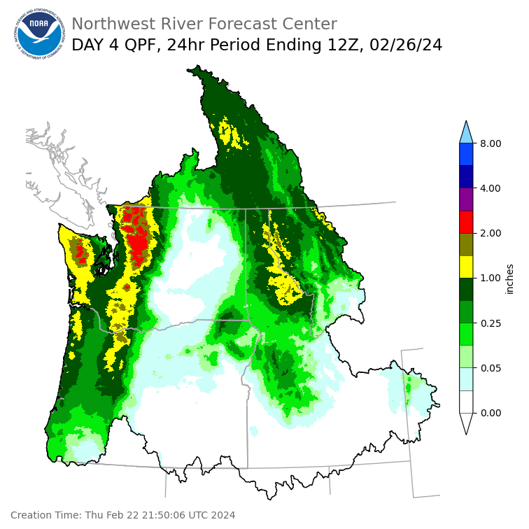 Day 4 (Sunday): Precipitation Forecast ending Monday, February 26 at 4 am PST