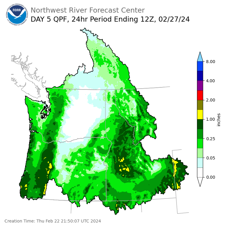 Day 5 (Monday): Precipitation Forecast ending Tuesday, February 27 at 4 am PST