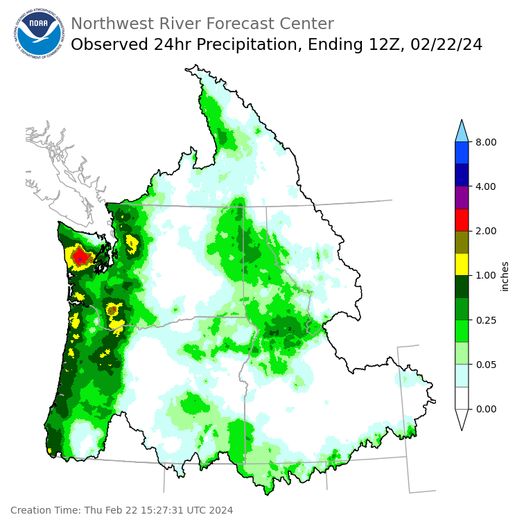 Observed Precipitation ending Thursday, February 22 at 4 am PST