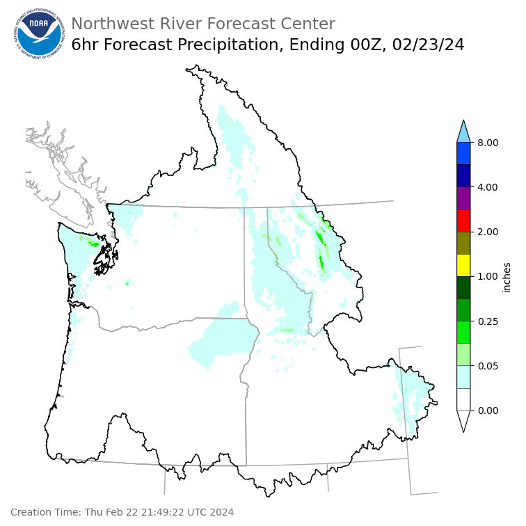 Day 1 (Thursday): 6 Hourly Precipitation Forecast ending Thursday, February 22 at 4 pm PST