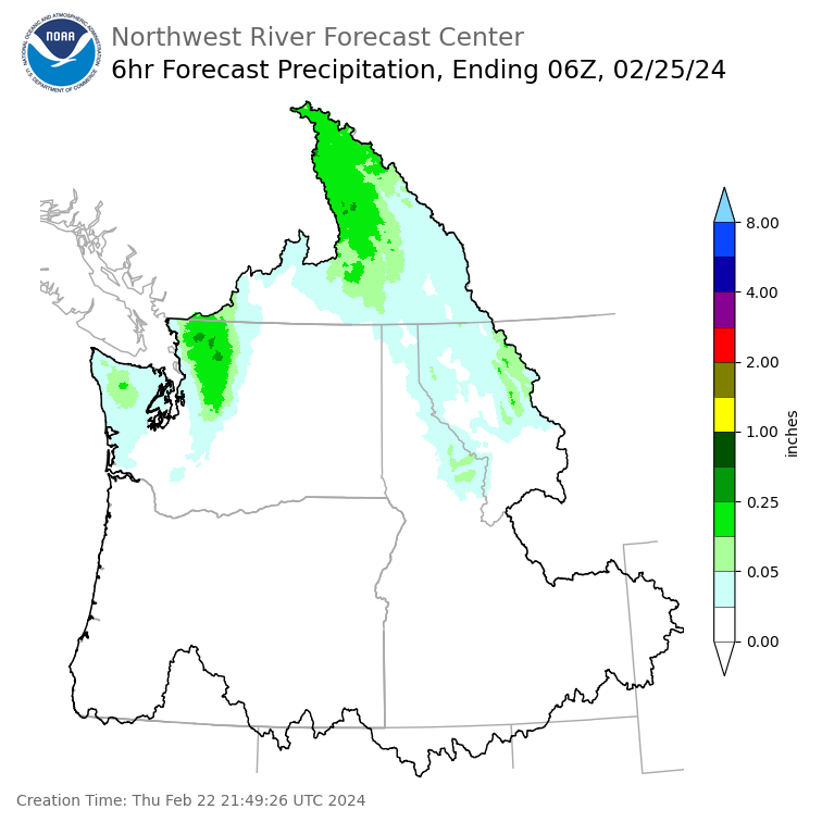 Day 3 (Saturday): 6 Hourly Precipitation Forecast  ending Saturday, February 24 at 10 pm PST