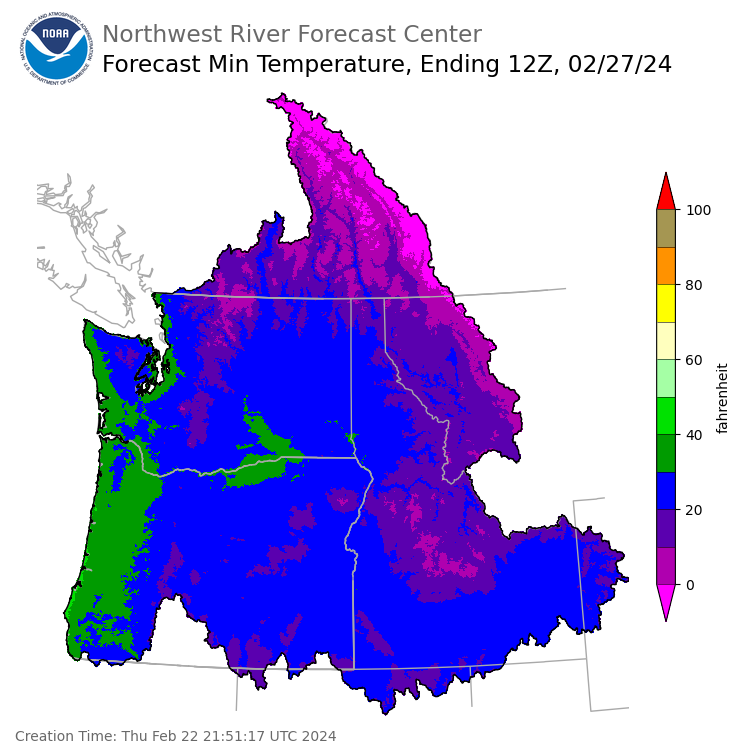 Day 5 (Monday): Min Temperature Forecast ending Tuesday, February 27 at 4 am PST