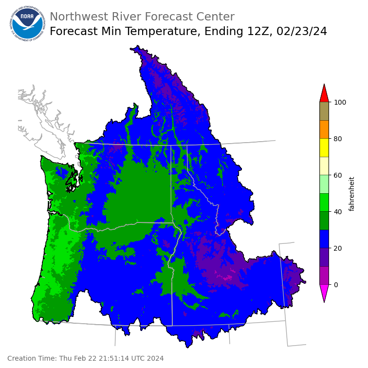Day 1 (Thursday): Min Temperature Forecast ending Friday, February 23 at 4 am PST