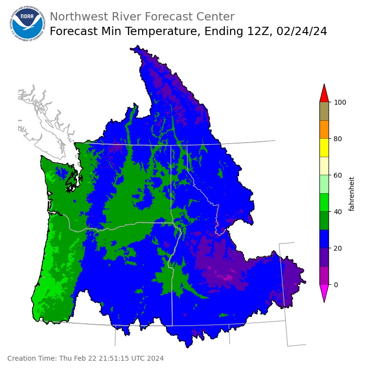 Day 2 (Friday): Min Temperature Forecast ending Saturday, February 24 at 4 am PST