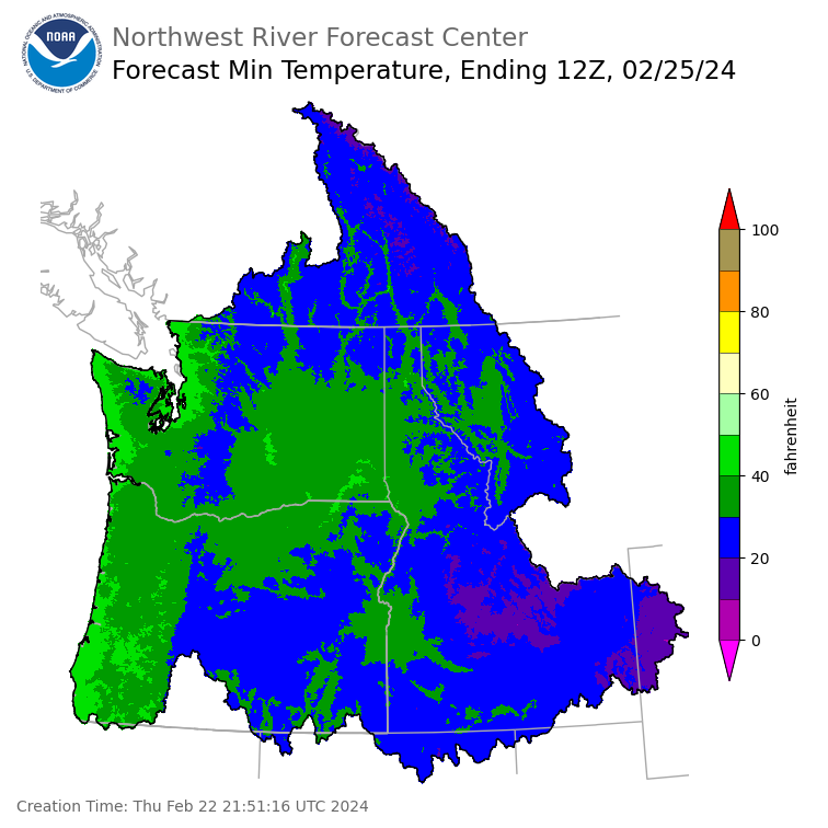 Day 3 (Saturday): Min Temperature Forecast ending Sunday, February 25 at 4 am PST