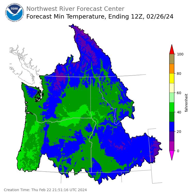 Day 4 (Sunday): Min Temperature Forecast ending Monday, February 26 at 4 am PST