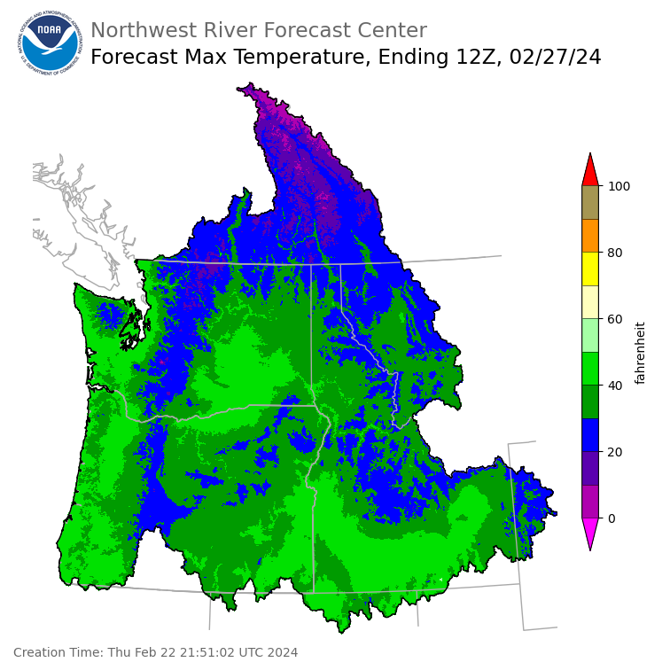 Day 5 (Monday): Max Temperature Forecast ending Tuesday, February 27 at 4 am PST