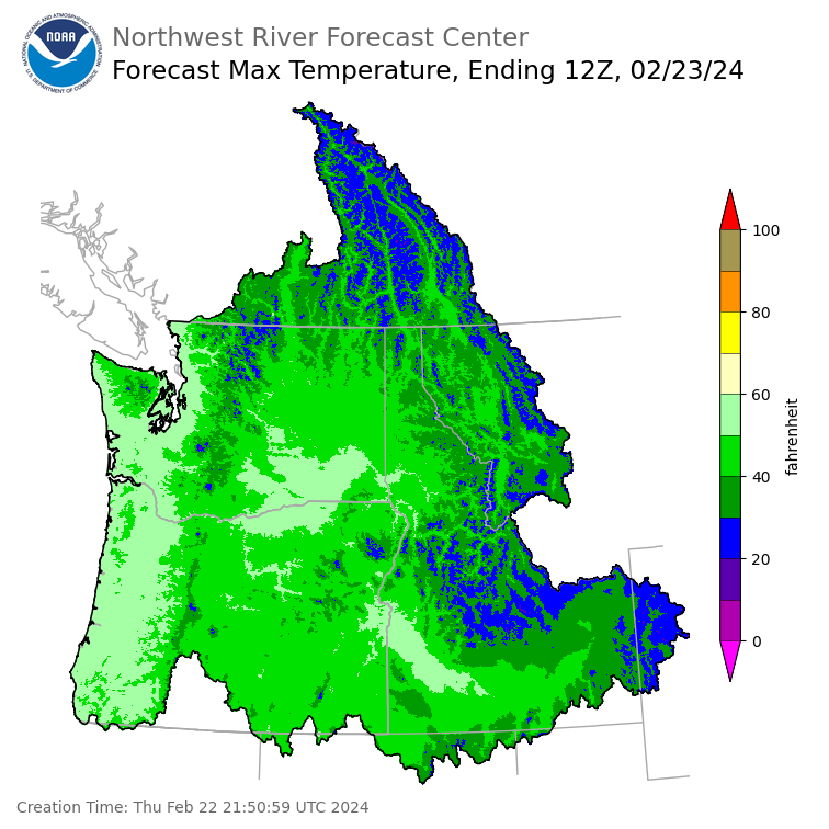 Day 1 (Thursday): Max Temperature Forecast ending Friday, February 23 at 4 am PST