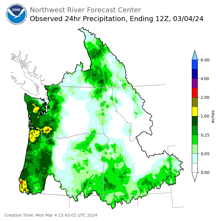 Observed Precipitation ending Monday, March 4 at 4 am PST