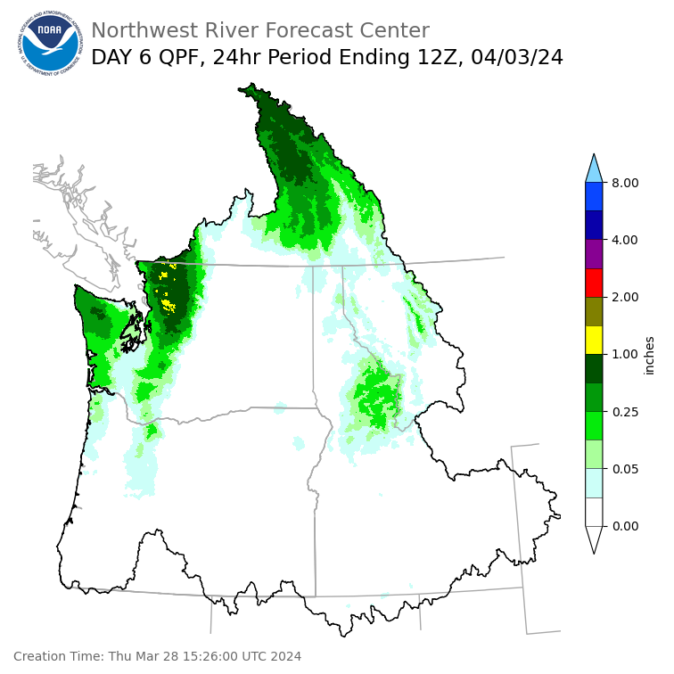 Day 6 (Tuesday): Precipitation Forecast ending Wednesday, April 3 at 5 am PDT