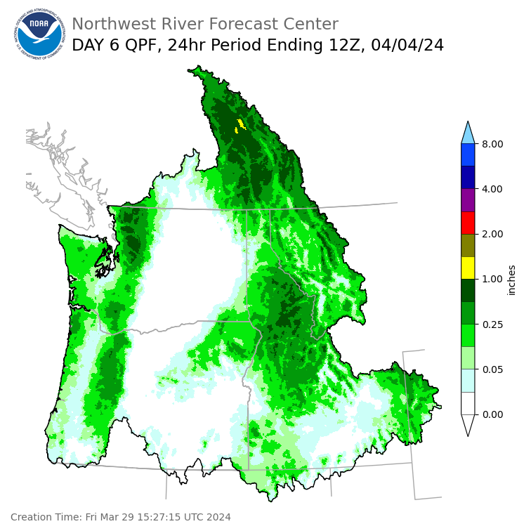 Day 6 (Wednesday): Precipitation Forecast ending Thursday, April 4 at 5 am PDT