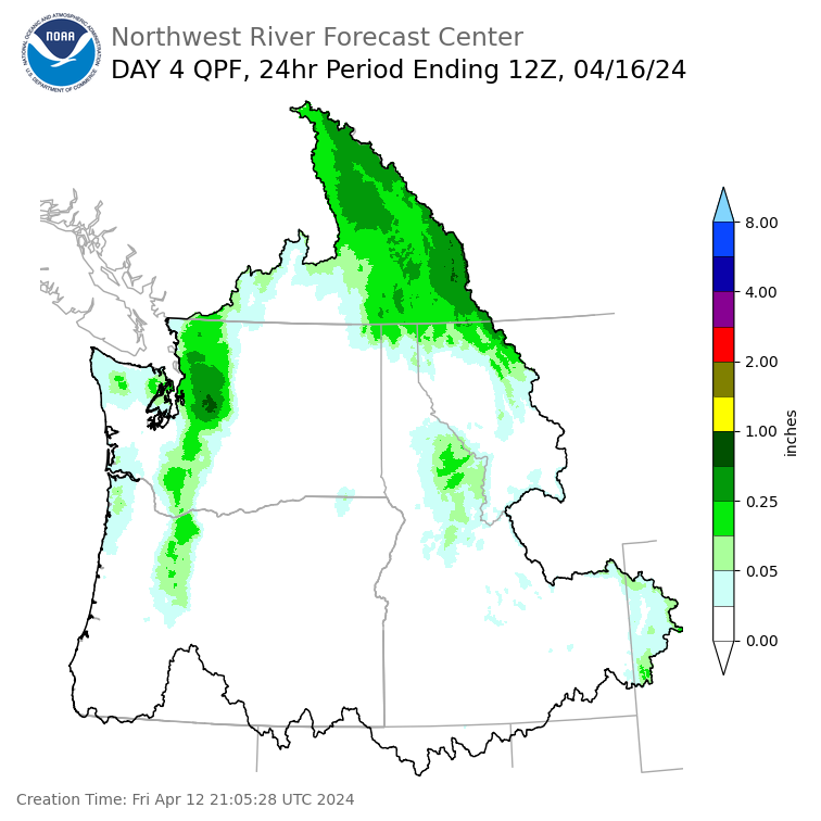 Day 4 (Monday): Precipitation Forecast ending Tuesday, April 16 at 5 am PDT