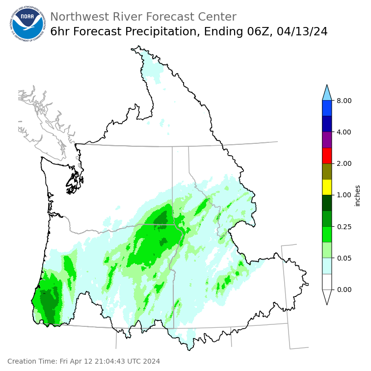 Day 1 (Friday): 6 Hourly Precipitation Forecast ending Friday, April 12 at 11 pm PDT
