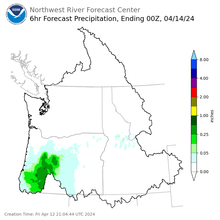 Day 2 (Saturday): 6 Hourly Precipitation Forecast  ending Saturday, April 13 at 5 pm PDT