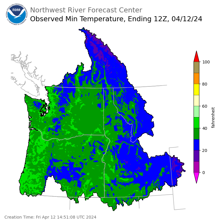 Minimum Temperatures ending Friday, April 12 at 5 am PDT