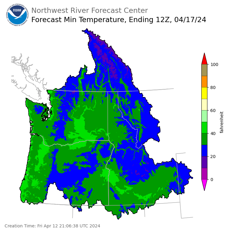 Day 5 (Tuesday): Min Temperature Forecast ending Wednesday, April 17 at 5 am PDT