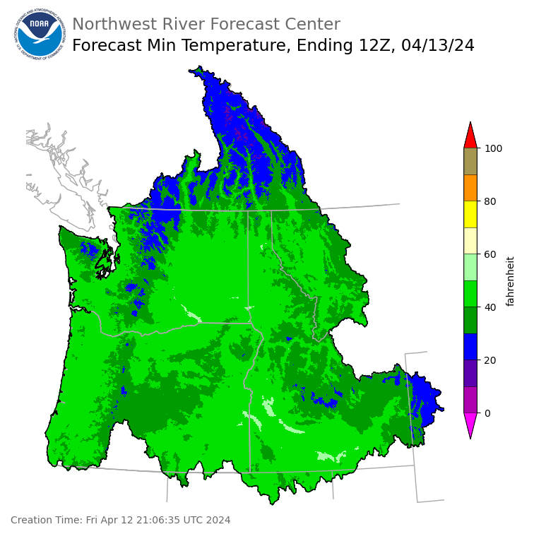 Day 1 (Friday): Min Temperature Forecast ending Saturday, April 13 at 5 am PDT