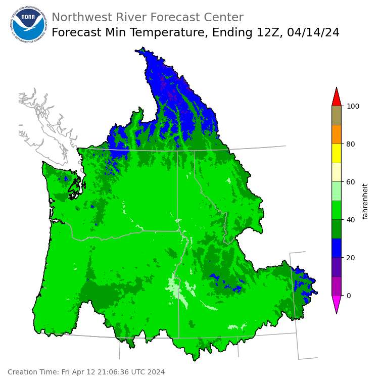 Day 2 (Saturday): Min Temperature Forecast ending Sunday, April 14 at 5 am PDT