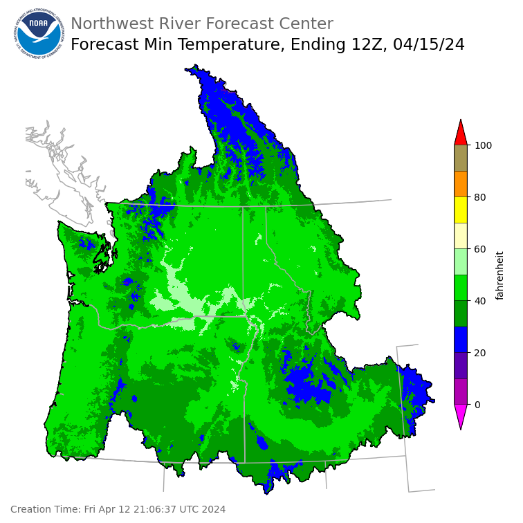 Day 3 (Sunday): Min Temperature Forecast ending Monday, April 15 at 5 am PDT