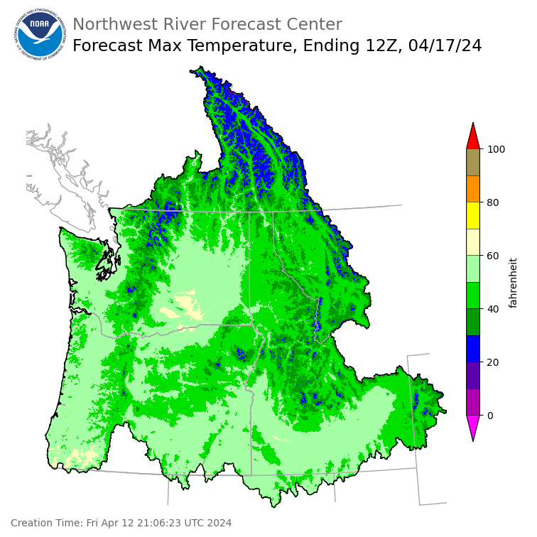 Day 5 (Tuesday): Max Temperature Forecast ending Wednesday, April 17 at 5 am PDT