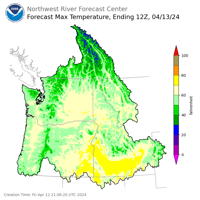 Day 1 (Friday): Max Temperature Forecast ending Saturday, April 13 at 5 am PDT