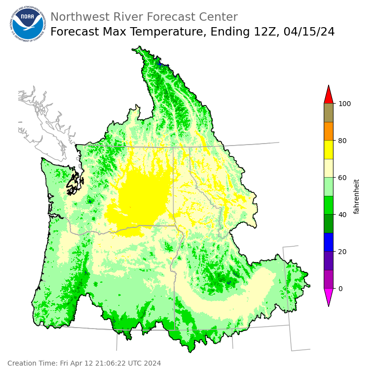 Day 3 (Sunday): Max Temperature Forecast ending Monday, April 15 at 5 am PDT