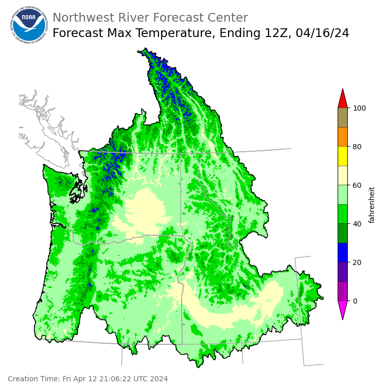 Day 4 (Monday): Max Temperature Forecast ending Tuesday, April 16 at 5 am PDT