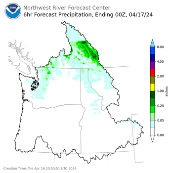 Day 1 (Tuesday): 6 Hourly Precipitation Forecast ending Tuesday, April 16 at 5 pm PDT