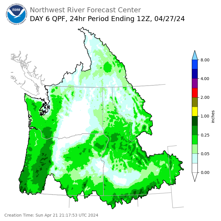 Day 6 (Friday): Precipitation Forecast ending Saturday, April 27 at 5 am PDT