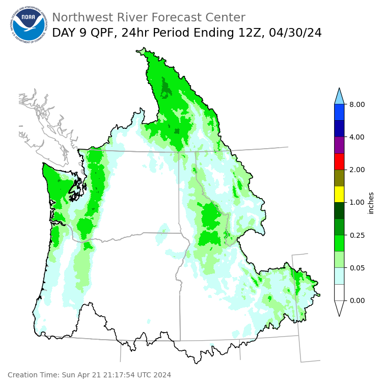 Day 9 (Monday): Precipitation Forecast ending Tuesday, April 30 at 5 am PDT