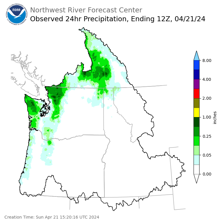 Observed Precipitation ending Sunday, April 21 at 5 am PDT