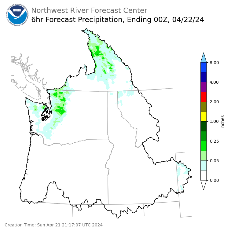 Day 1 (Sunday): 6 Hourly Precipitation Forecast ending Sunday, April 21 at 5 pm PDT