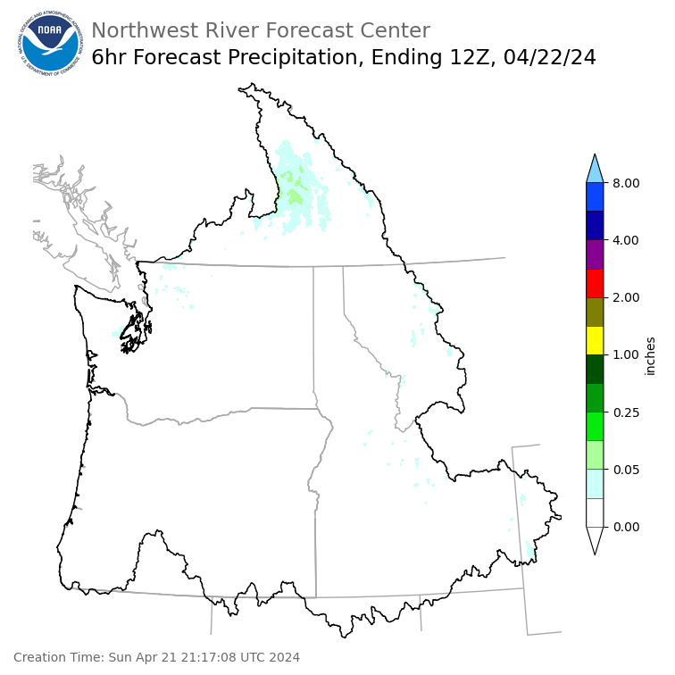 Day 1 (Sunday): 6 Hourly Precipitation Forecast ending Monday, April 22 at 5 am PDT