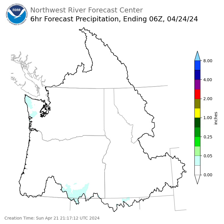 Day 3 (Tuesday): 6 Hourly Precipitation Forecast  ending Tuesday, April 23 at 11 pm PDT