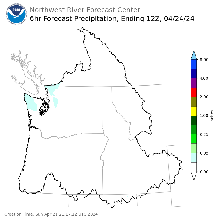Day 3 (Tuesday): 6 Hourly Precipitation Forecast  ending Wednesday, April 24 at 5 am PDT