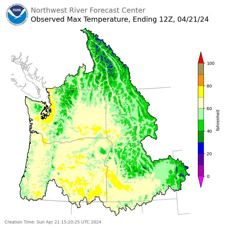 Maximum Temperatures ending Saturday, April 20 at 9 pm PDT