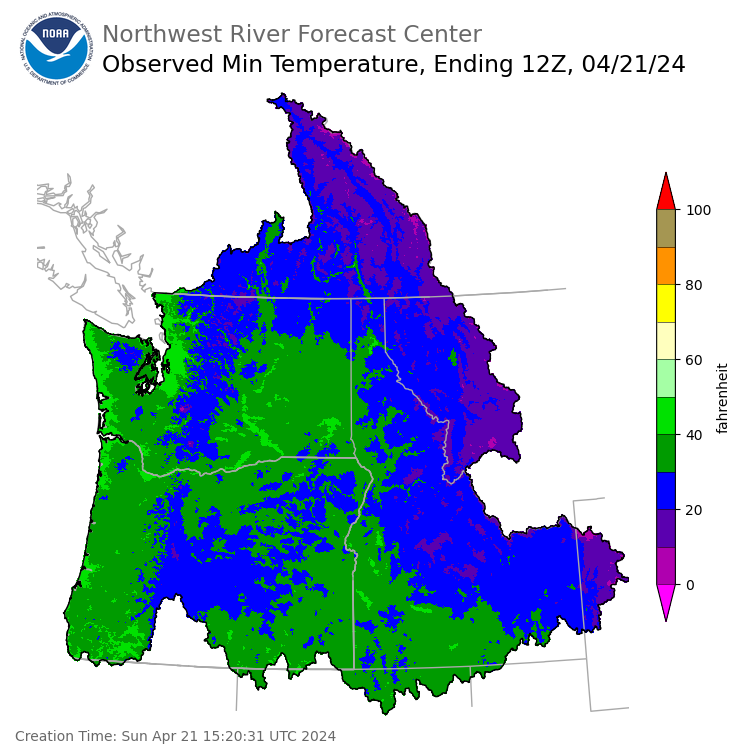 Minimum Temperatures ending Sunday, April 21 at 5 am PDT
