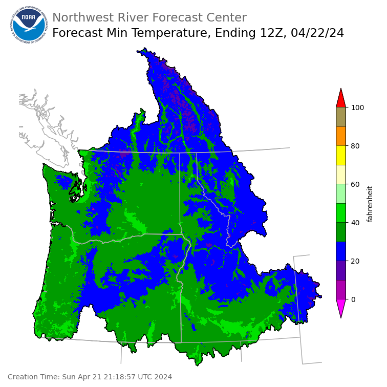 Day 1 (Sunday): Min Temperature Forecast ending Monday, April 22 at 5 am PDT