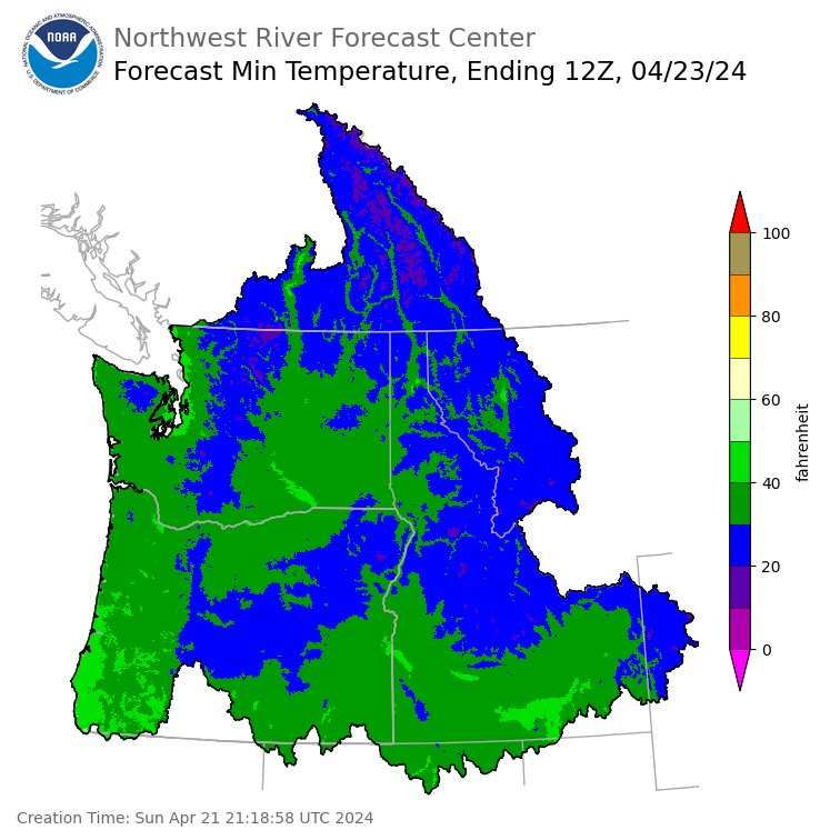 Day 2 (Monday): Min Temperature Forecast ending Tuesday, April 23 at 5 am PDT