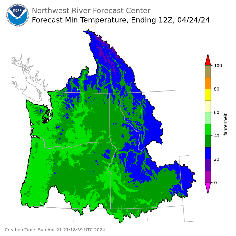 Day 3 (Tuesday): Min Temperature Forecast ending Wednesday, April 24 at 5 am PDT